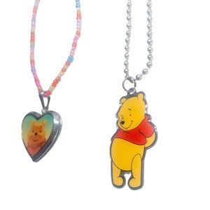 2 PC Winnie the Pooh Disney Youth Necklace Lot Locket Pooh Bear Colorful Charms